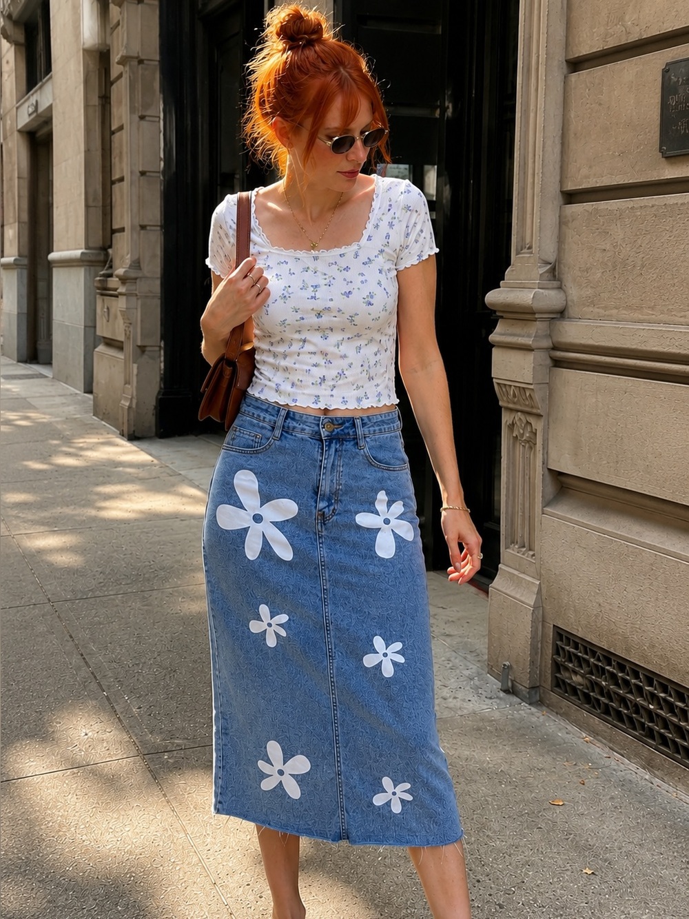 Y2K Groovy Daisy Denim Midi Skirt Flower Power 70s Revival Small